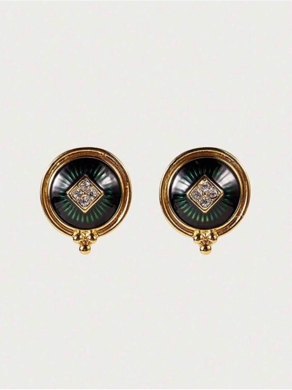18K Gold Plated Green Enamel Button Earrings with Crystal Accent